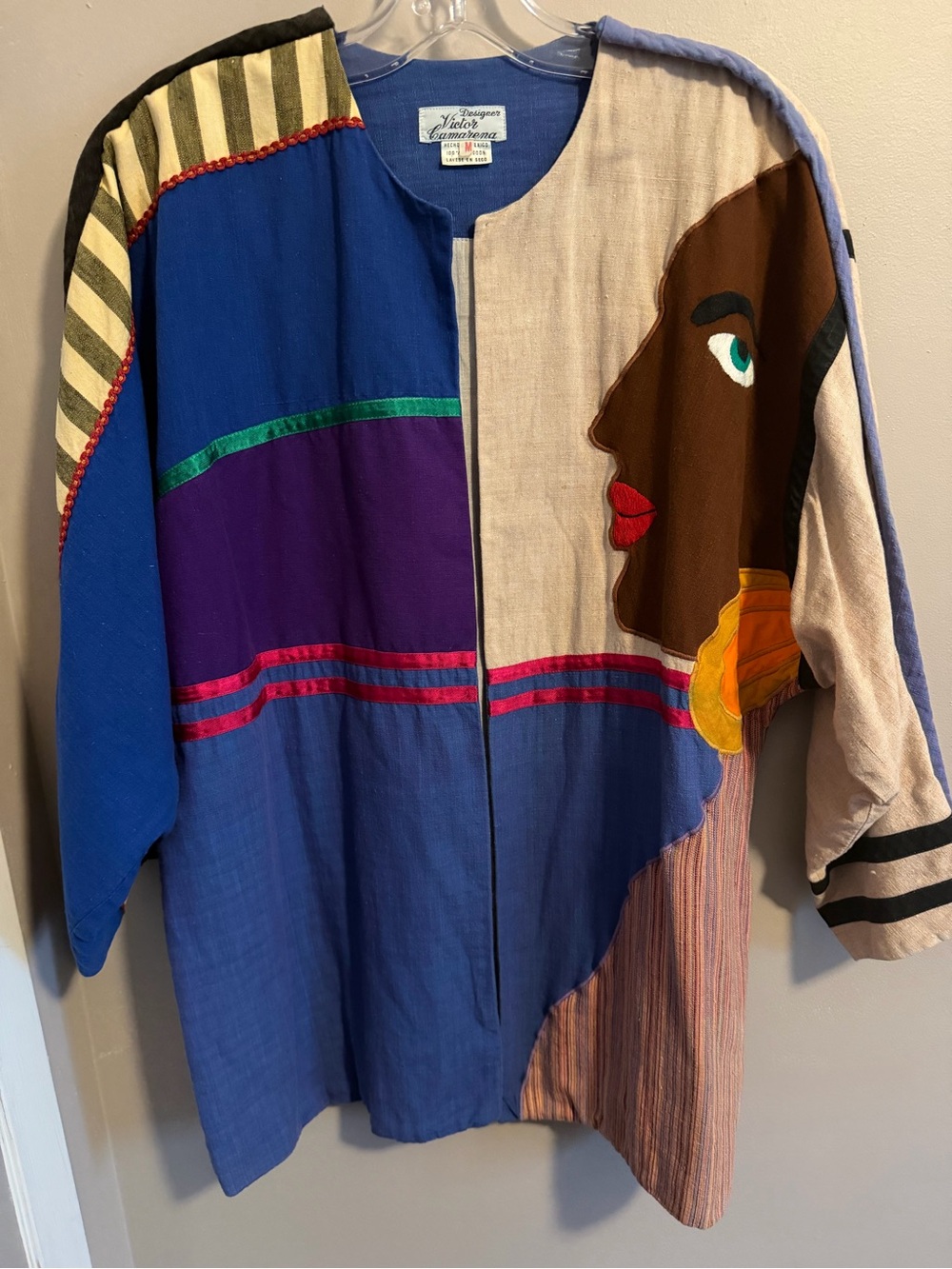 Victor Camarena Vintage Face Art Cotton Colorblock Open Jacket Blue Medium